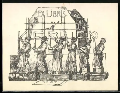 Exlibris Kebner, Bauarbeitermotiv vor einem Haus