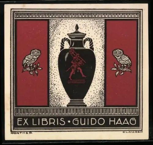 Exlibris Guido Haag, Amphore mit Eulen und Krieger von Gunther Clausen
