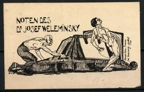 Exlibris Dr. Josef Weleminsky, Zwei Männer mit einer grossen Geige