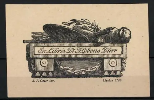 Exlibris Dr. Alphons Dürr, Palette, Pinsel und Lorbeerzweig