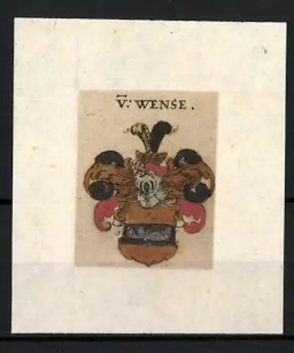 Exlibris V. Wense, Wappendarstellung mit Helm und Federn