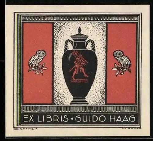 Exlibris Guido Haag, Vase mit Eulen und Tänzer-Motiv von Günther Clausen