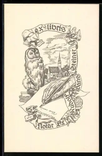 Exlibris Rudolf Hans Steiner, Eule und Schreibfeder vor Dorfkulisse