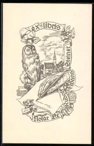Exlibris Rudolf Hans Steiner, Eule und Schriftrolle