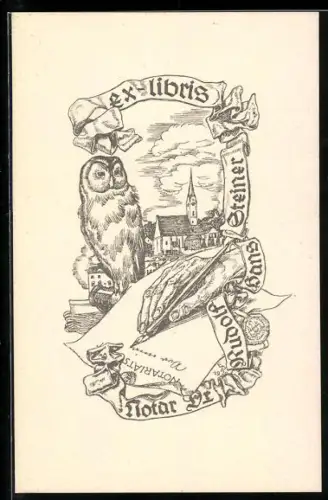 Exlibris Rudolf Hans Steiner, Eule, Hand und Ortsansicht