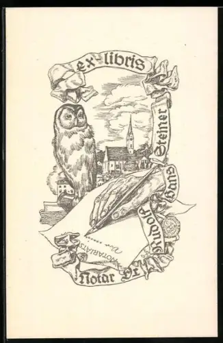Exlibris Rudolf Hans Steiner, Eule und Schreibfeder vor Dorfkirche