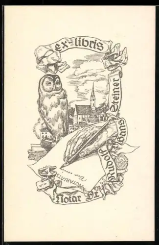 Exlibris Rudolf Hans Steiner, Eule vor Dorfkulisse