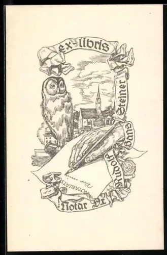 Exlibris Rudolf Hans Steiner, Notariat mit Eule und Ortsansicht