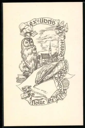 Exlibris Rudolf Hans Steiner, Eule und Schreibende Hand