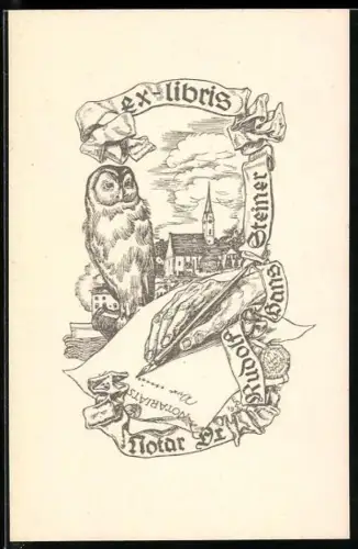 Exlibris Rudolf Hans Steiner, Notar mit Eule und Feder im Stadtbild