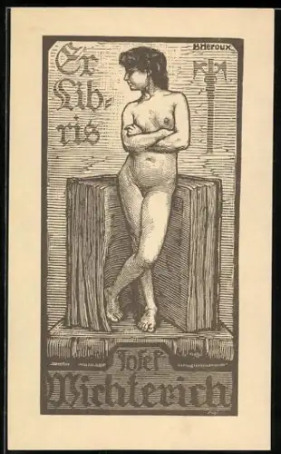 Exlibris Josef Wichterich, Hübsche nackte Frau vor einem aufgeschlagneen Buch