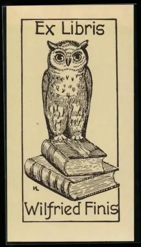 Exlibris Wilfried Finis, Eule auf Büchern