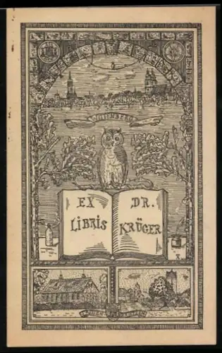 Exlibris Dr. Krüger, Eule auf einem Buch mit Ortsansicht und Landschaftsmotiven