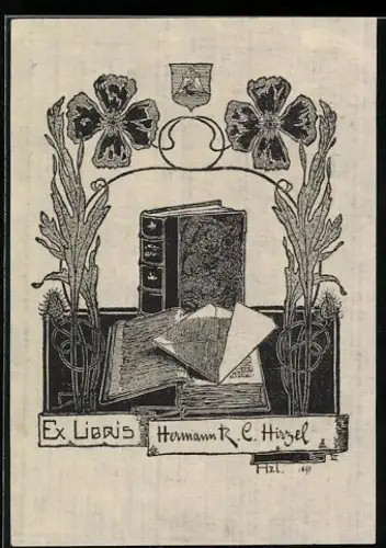 Exlibris Hermann R. C. Hirzel, Bücher und Blumenornament im Jugendstil