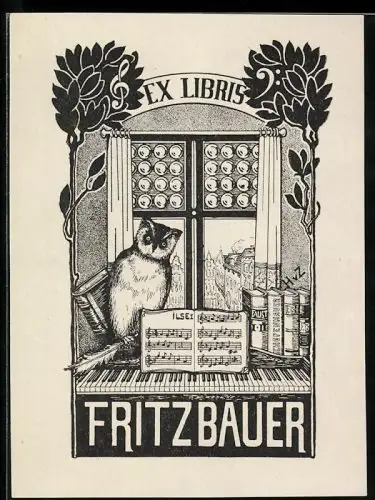 Exlibris Fritz Bauer, Eule am Fenster mit Noten und Büchern
