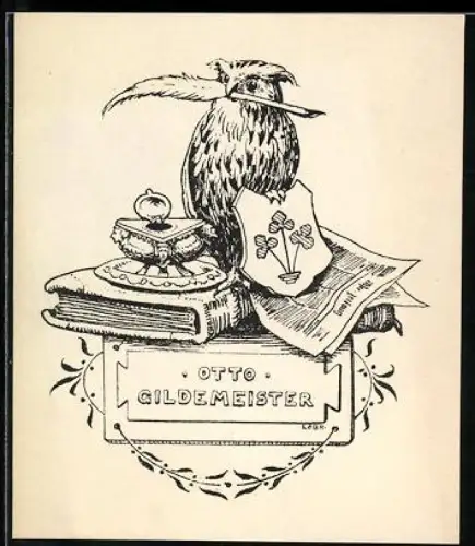 Exlibris Otto Gildemeister, Eule auf Büchern und Wappen mit Federkiel