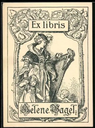 Exlibris Helene Bagel, Frau mit Harfe und Kindern