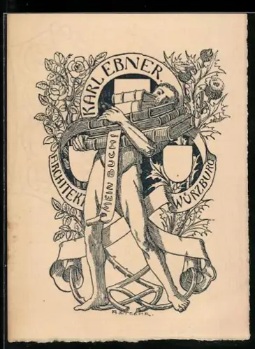 Exlibris Karl Ebner, Mann trägt einen Stapel Bücher