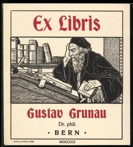 Exlibris Gustav Grunau, Gelehrter beim Studium