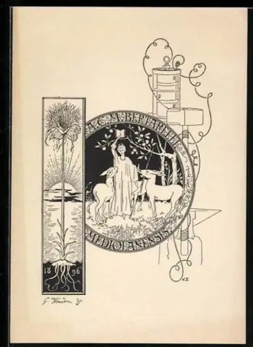 Exlibris A.C.M. Bertarelli, Frau mit Rehen im Wald