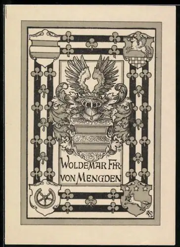 Exlibris Woldemar Fhr. von Mengden, Wappen mit Helmzier und Adlerflügeln