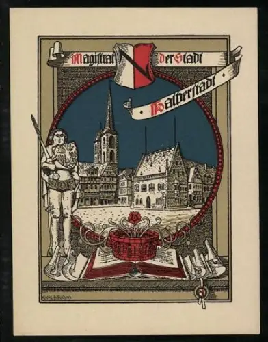 Exlibris Magistrat der Stadt Halberstadt, Ortsansicht mit Ritter und Wappen