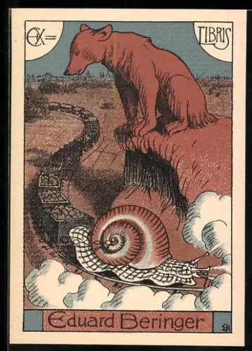 Exlibris Eduard Beringer, Bär und Schnecke am Abgrund
