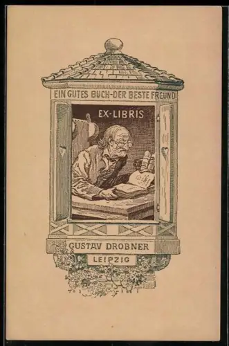 Exlibris Gustav Drobner, Alter Mann liest in einem Buch