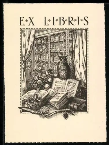 Exlibris Eule und Bücher am Fenster
