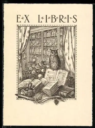Exlibris mit Eule und Bücherfenster, Stilvolles Interieur