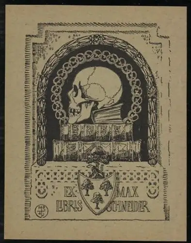 Exlibris Max Schneider, Totenschädel und Bücher unter Rundbogen