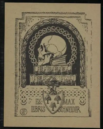 Exlibris Max Schneider, Totenkopf auf Büchern