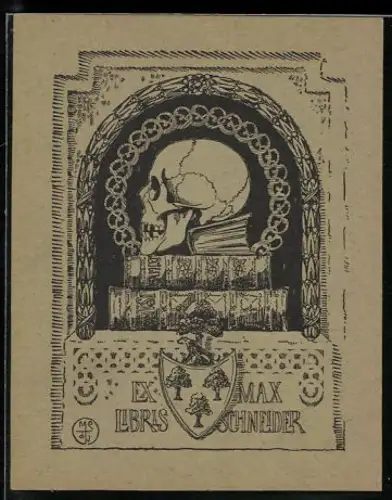 Exlibris Max Schneider, Schädel auf Büchern mit Wappen
