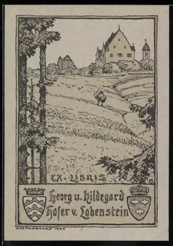 Exlibris Georg u. Hildegard Hofer v. Lobenstein, Landschaft mit Schloss