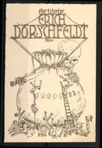 Exlibris Erich Dorschfeldt, Skelett über sehr kleinen Menschen an einem Sack