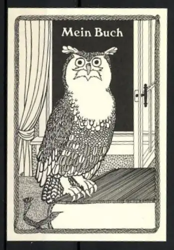 Exlibris Eule am Fenster sitzt auf einem Buch