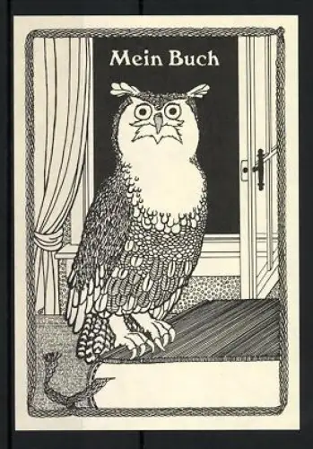 Exlibris Eule am Fenster sitzt auf einem Buch