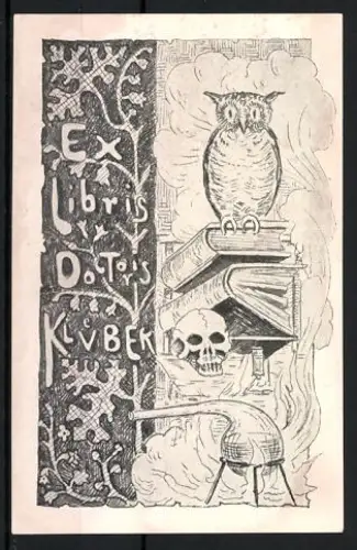 Exlibris Doctoris Kluebek, Eule und Bücher mit Totenkopf