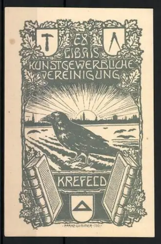 Exlibris Kunstgewerbliche Vereinigung Krefeld, Krähe mit Sonnenaufgang, Krefeld