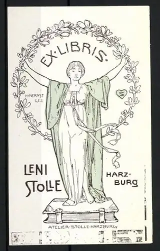 Exlibris Leni Stolle, Frau mit Blumengirlande, Jugendstil