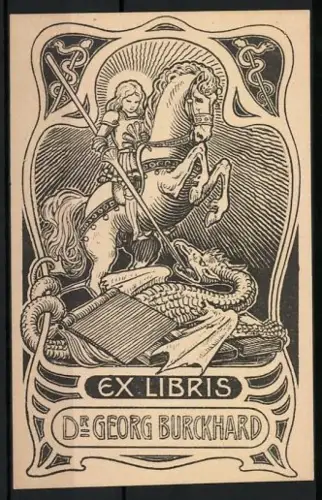 Exlibris Dr. Georg Burckhard, Drache kämpft mit einem Ritter