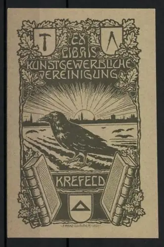 Exlibris Kunstgewerbliche Vereinigung Krefeld, Krähe während der Dämmerung vor einem Ort