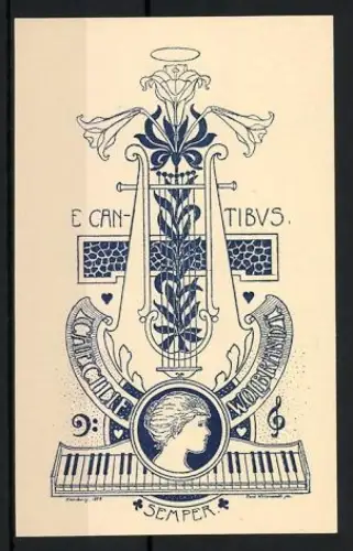 Exlibris Musik und Lilien, E Cantatibus Semper, Jugendstil
