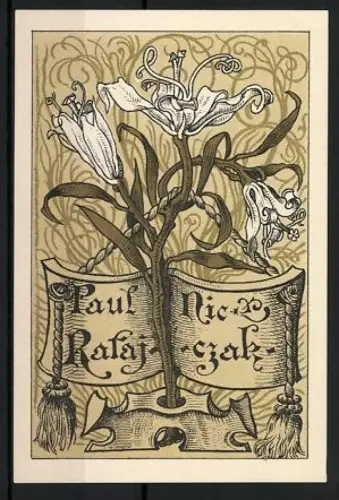 Exlibris Paul Nic. Rafajczak, Lilienmotiv mit Ornamenten, Jugendstil
