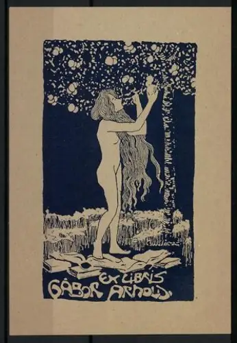 Exlibris Gábor Arnold, Nackte Frau mit Büchern unter einem Baum mit Früchten