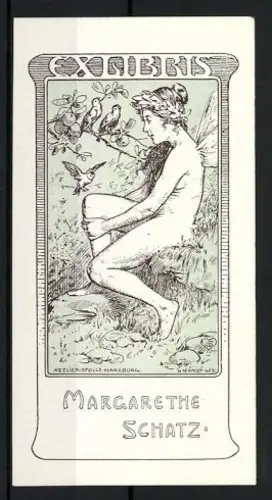 Exlibris Margarethe Schatz, Fee mit Vögeln auf einer Wiese