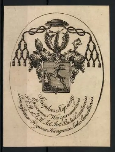 Exlibris Josephus Kopácsy, Wappen mit Hirsch und Adler