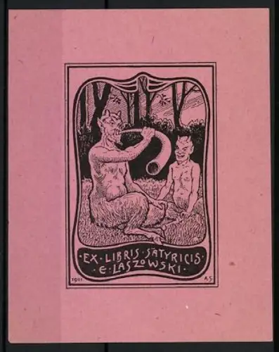 Exlibris E. Laszowski, Satyre mit Horn im Wald