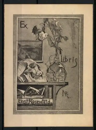Exlibris Ernst Rosenfeld, Stillleben mit Schädel und Blumen
