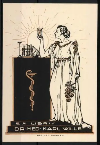 Exlibris Dr. med. Karl Wille, Frau mit Reagenzglas und Äskulapstab